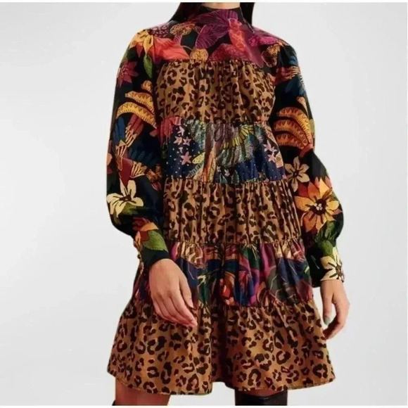 FARM Rio Rio Tiered Mini Dress Long Sleeve Small S Mixed Print Leopard Floral - Picture 1 of 8